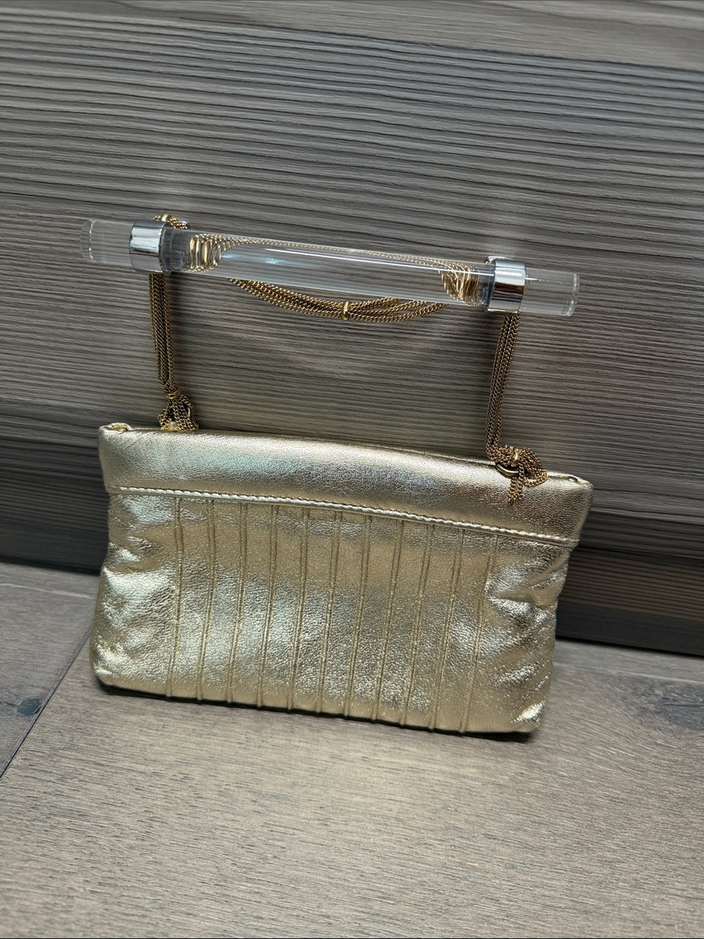 Lauren Merkin Metallic Gold Pleated Clutch with Chain Handle